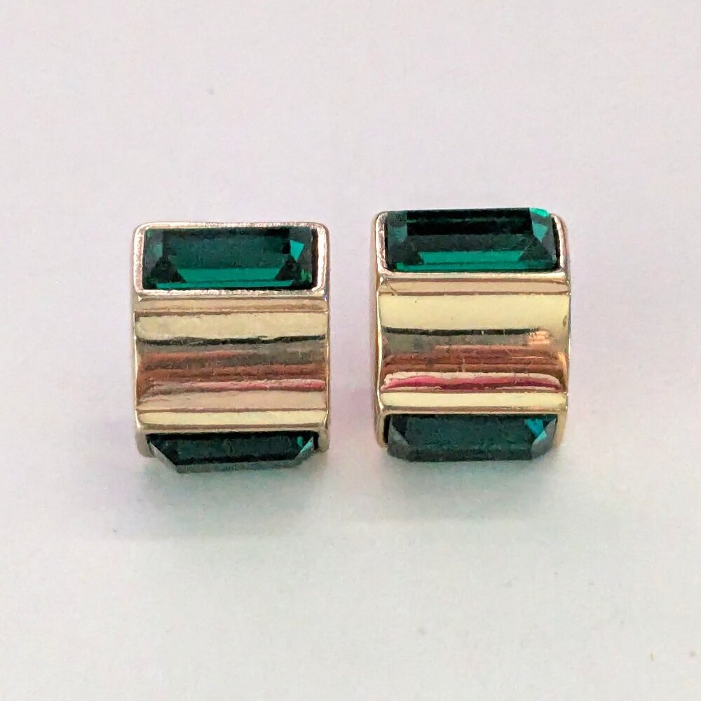 Vintage Gold Tone Green Faux Emerald Baguette Stone Pierced Stud Earrings